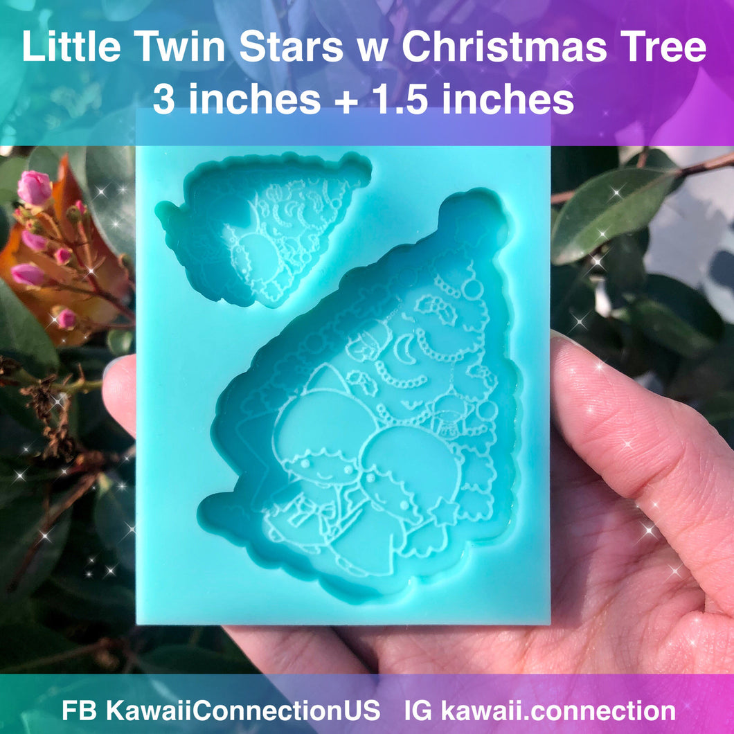 Twins w/ Christmas Tree Ornament Silicone Mold for Custom Resin, Plaster for Christmas Tree Holiday Pendant Ornament Keychain