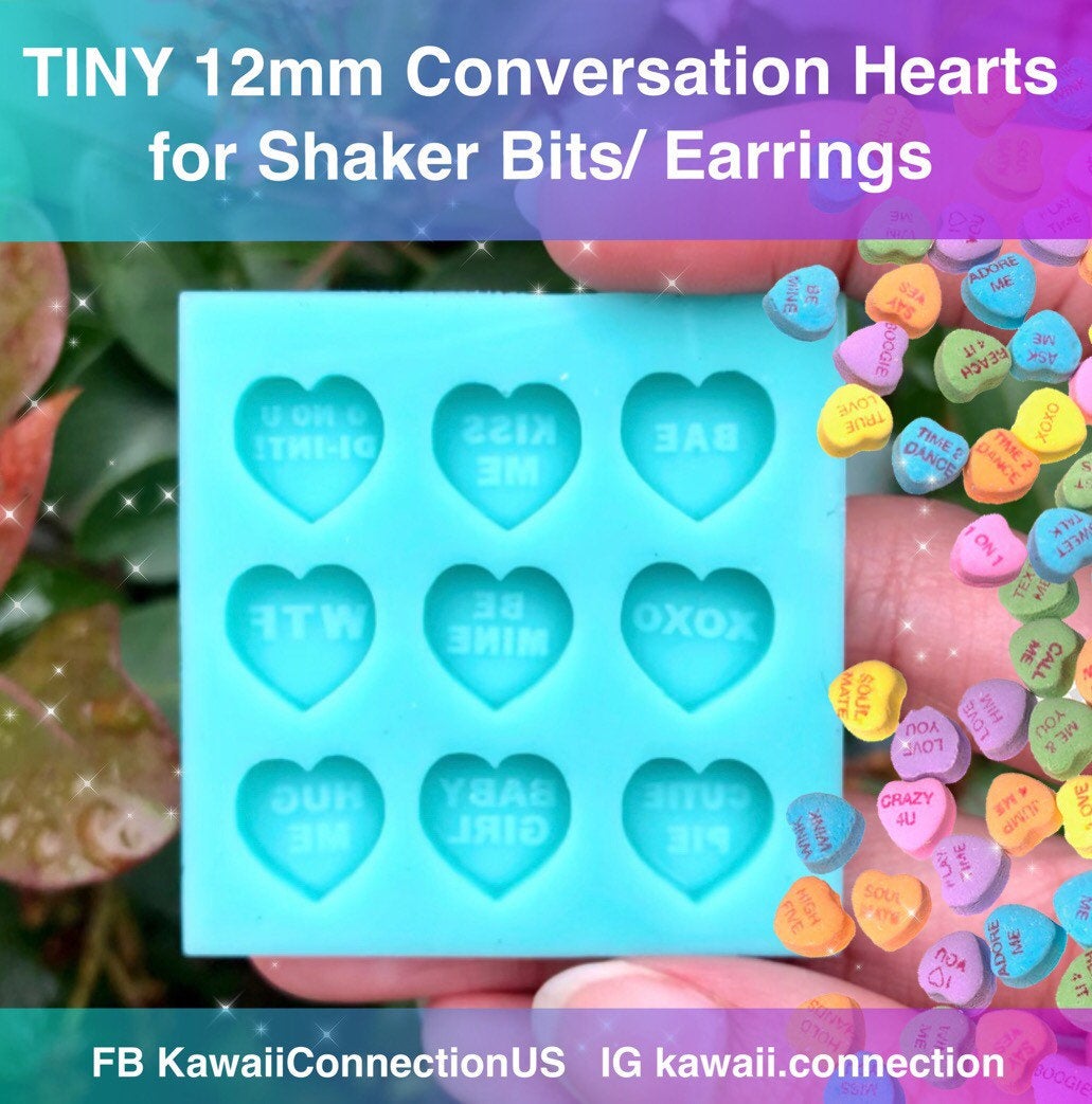 TINY 12mm Conversation Heart Hug Me Bae WTF ++ Silicone Mold for Resin Deco Charms Cabochons for Valentines Stud Earrings Charms Shaker DIY