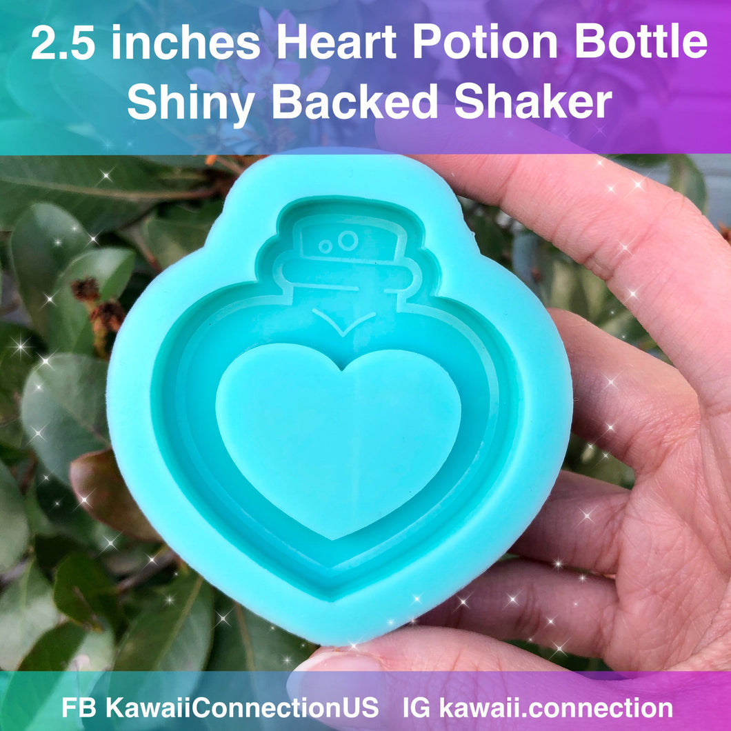 2.5 inches Heart Potion Bottle Extra Shiny Backed Shaker Silicone Mold for Custom Resin Bag and Key Charms for Valentines and Love Pieces