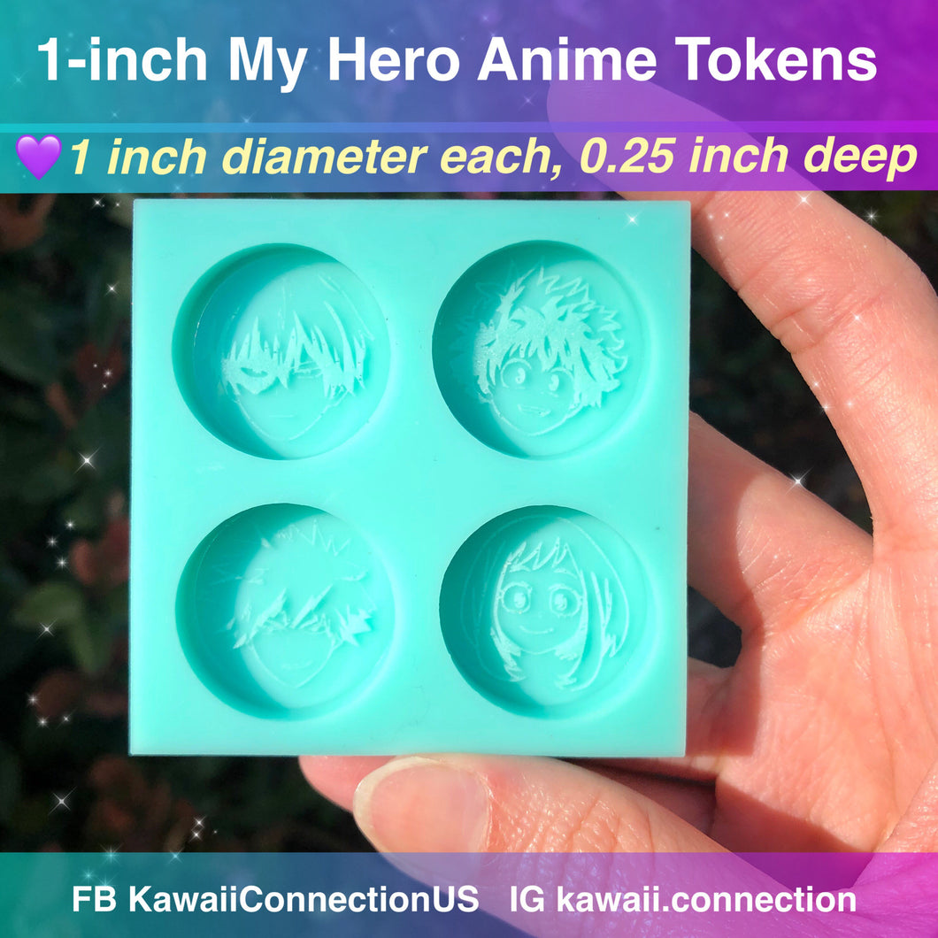 1-inch My Hero Anime Round Tokens (0.25 inch thick/ deep) Silicone Mold for Custom Resin Cabochons Charms Stitch Marker (details in photo)