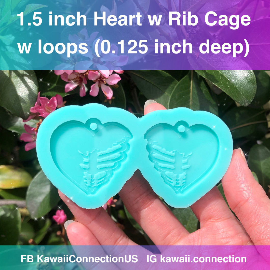 1.5 inch Rib Cage Skeleton Heart Pair w Built-in Loop Silicone Mold Palette for Resin Dangle Earrings Stitch Marker Charms (0.125 inch deep)