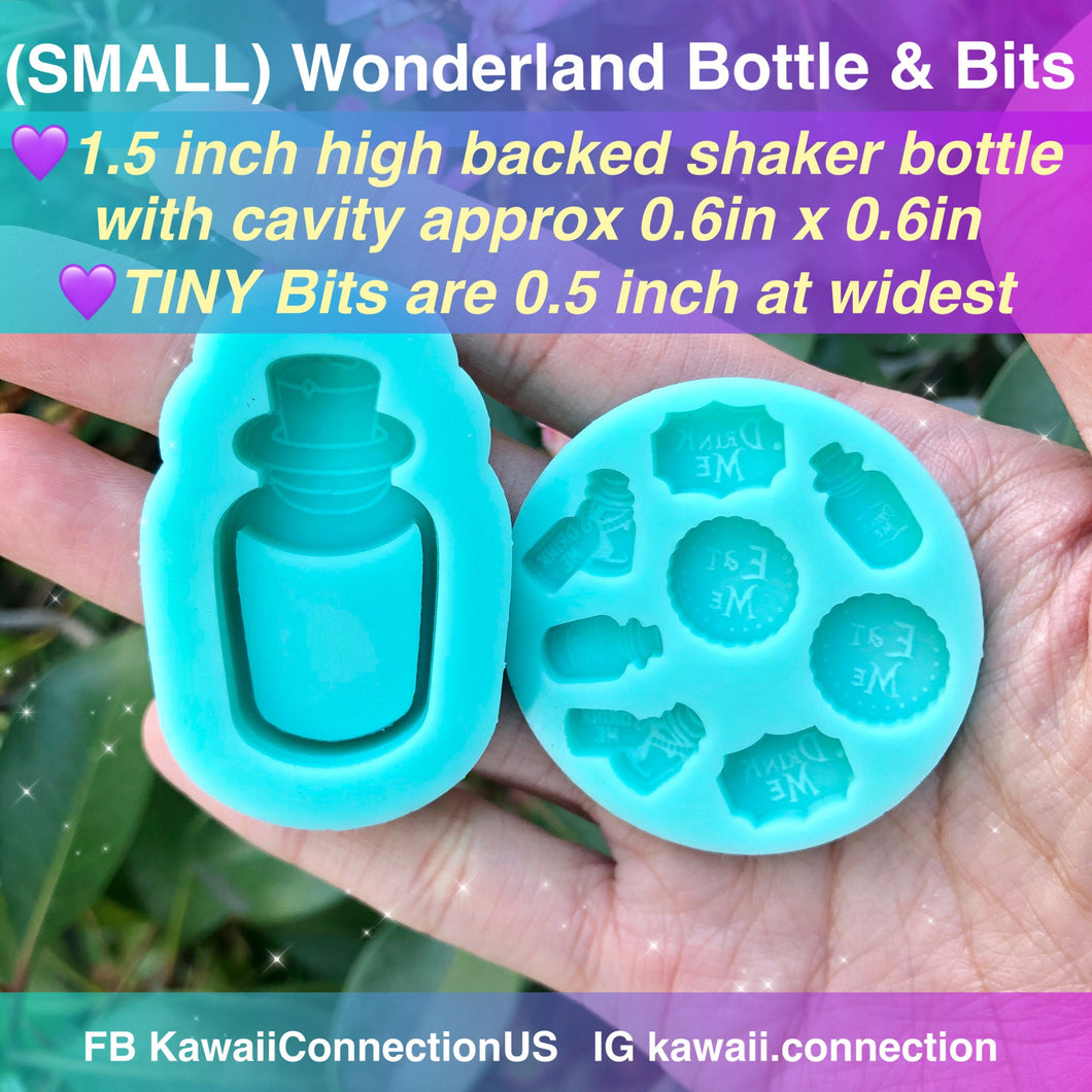 SMALL Set 1.5 inch high Wonderland Bottle Shiny Backed Shaker + TINY 0.5 inch Bits Silicone Mold Palette for Resin Craft Keychain Charms DIY