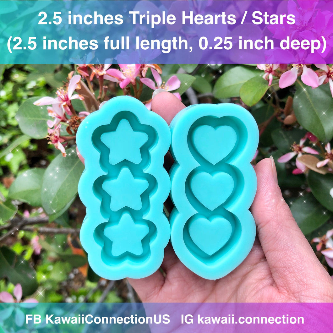 2.5 inches total length Triple Stacked Chubby Hearts or Triple Chubby Stars Backed Shaker Silicone Mold for Custom Resin Charms Pendants