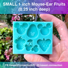 Load image into Gallery viewer, SMALL 1-inch Mouse Ear Fruits Lemon Watermelon Pineapple Strawberry Avocado Cherry Silicone Mold for Custom Resin Stitch Marker Charms &amp; Bow
