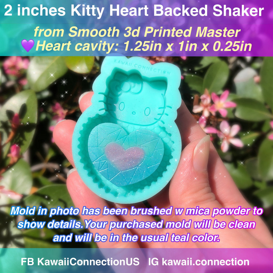 2 inches Kawaii Kitty Heart Backed Shaker (see photo for texture & details!) Silicone Mold  for Custom Resin Keychain Charms