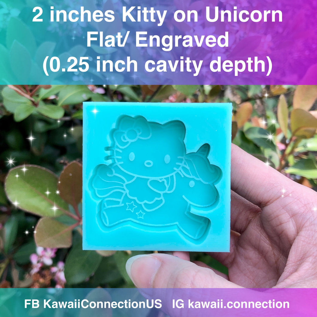 2 inches Kitty on Unicorn FLAT Engraved Silicone Mold for Resin Deco Charms Cabochons