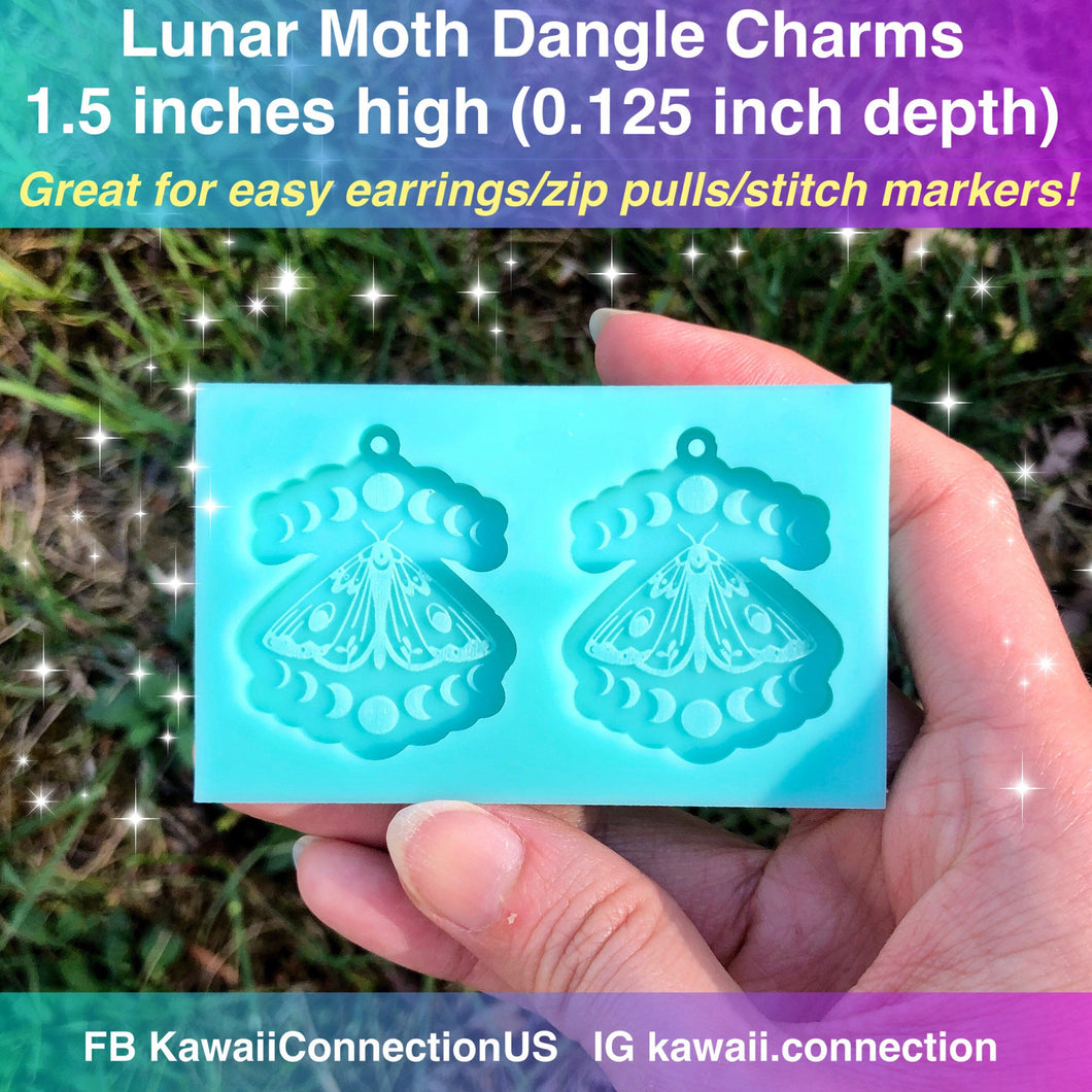 1.5 inches PAIR of Lunar Moth w Moon Phases Silicone Mold for Resin Dangle Charm Earrings Pendant Stitch Markers Zipper Pull DIY