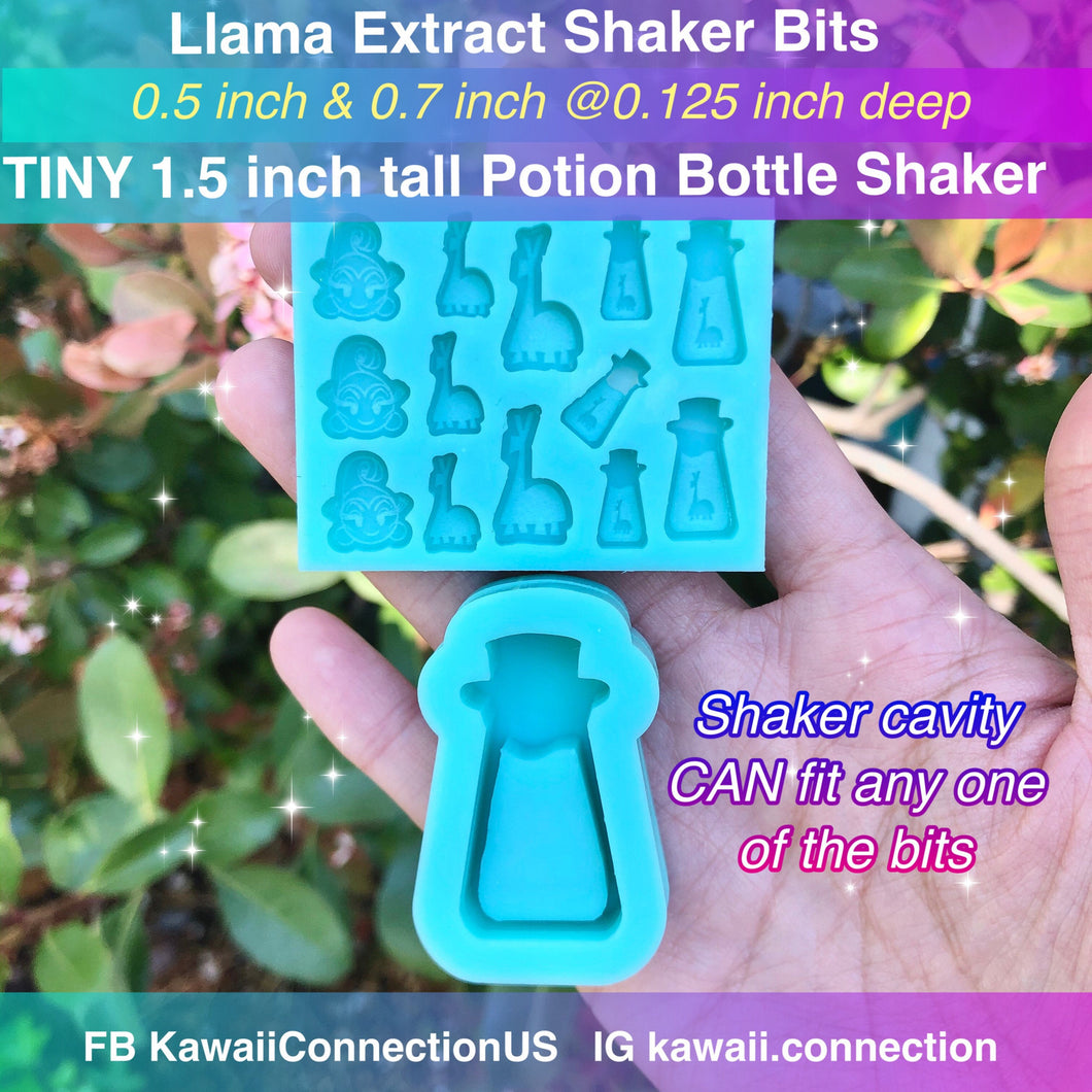 SMALL Set 1.5 inch high Llama Extract Potion Bottle Shaker + TINY 0.5&0.7 inch Bits Silicone Mold for Resin Craft Keychain Charms DIY