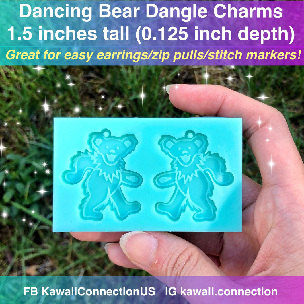 1.5 inches tall PAIR of Grateful Dead Dancing Bear Silicone Mold for Resin Dangle Charm Earrings Pendants Stitch Markers Zipper Pull DIY