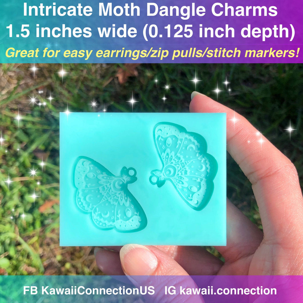 1.5 inches wide PAIR of Intricate Moth Silicone Mold for Resin Dangle Charm Earrings Pendant Stitch Markers Zipper Pull DIY