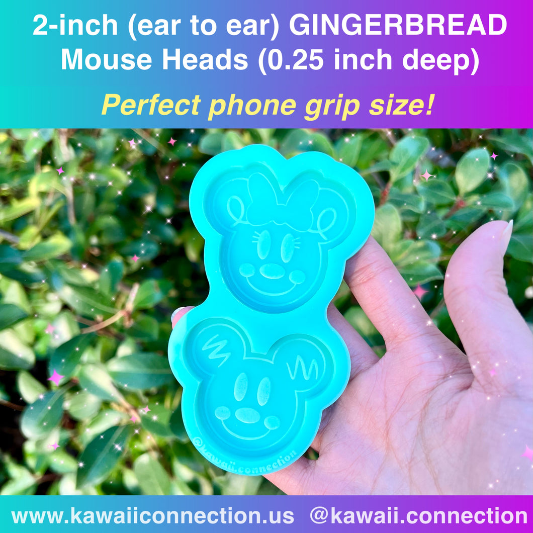 2-inch (ear to ear) Gingerbread Girl + Boy Mouse Head Silicone Mold for Custom Resin, Clay for Christmas Holiday Phone Grip