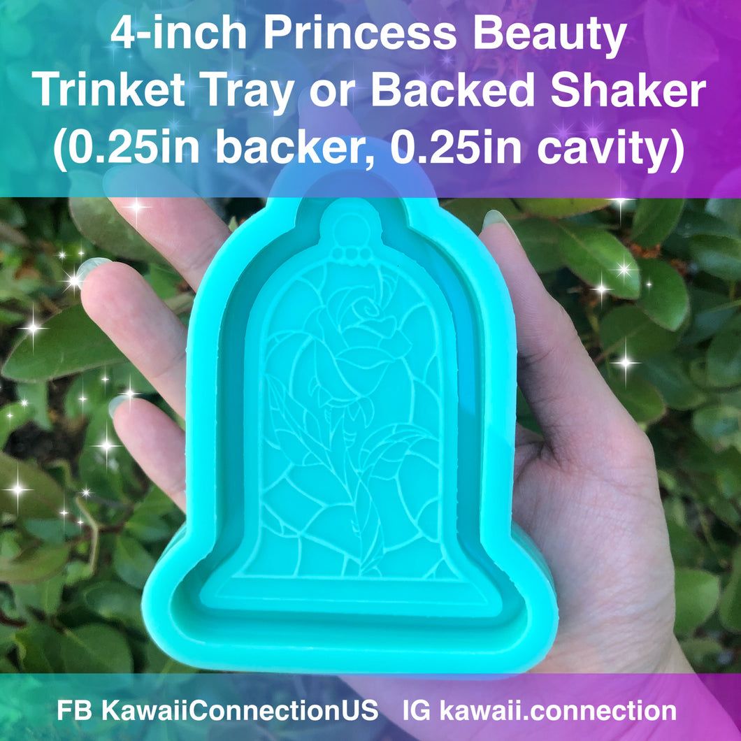 4 inch high (0.25in backing, 0.25in cavity depth) Princess Beauty Dome Backed Shaker with Rose Detail Silicone Mold for Resin Trinket Tray